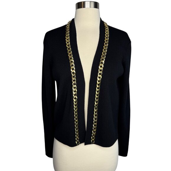 Worth New York Sweaters - Worth New York 100% Wool Black Open-Front Cardigan W/ Gold Chain Detail Sz‎ P
